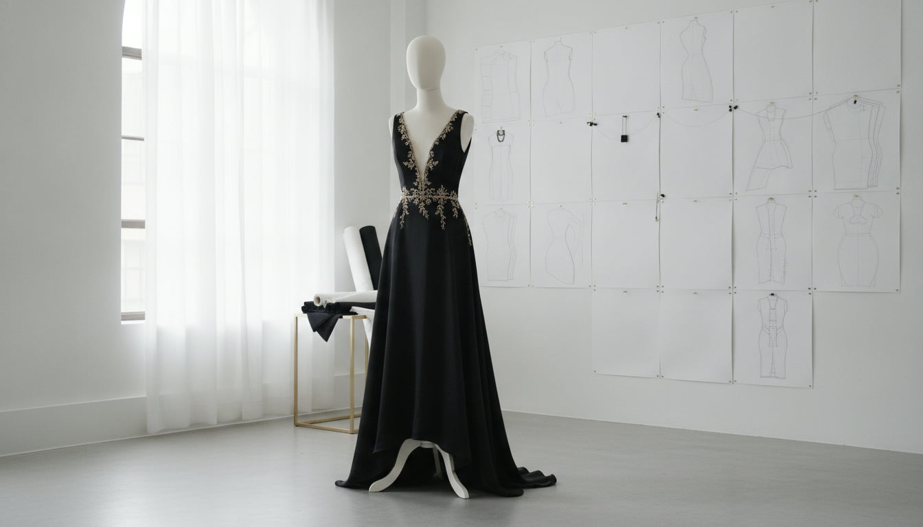 Vestido terminado en maniquí del taller KARVI